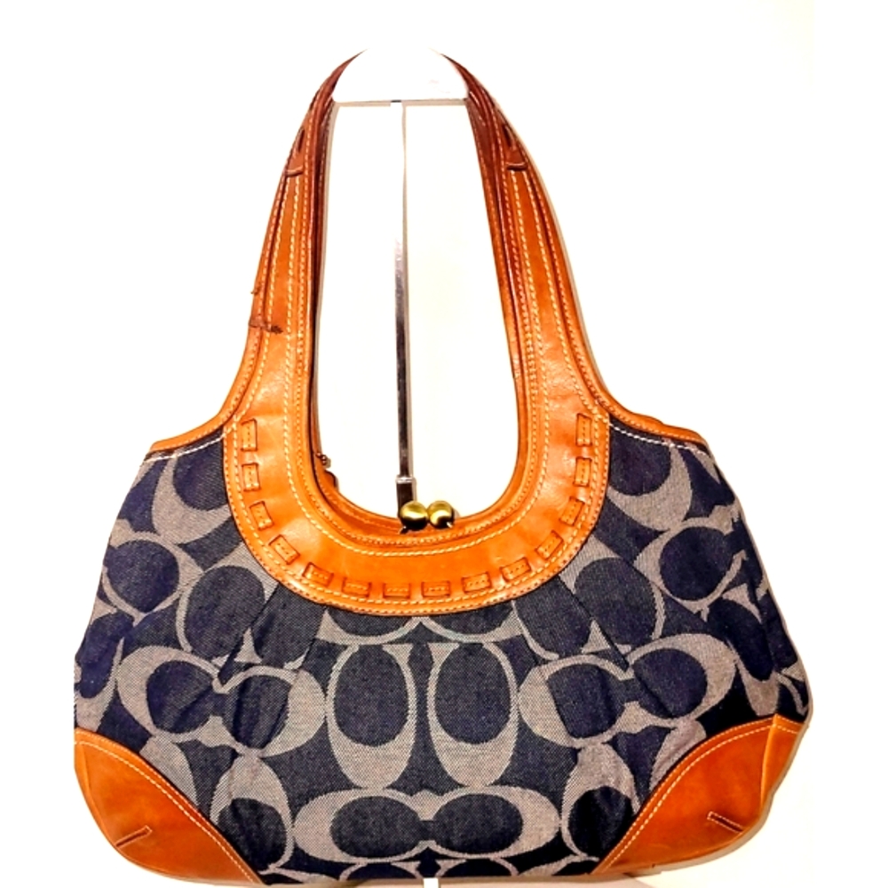 Coach Ergo Tattersall Leather & Signature Denim Satchel - Picture 4 of 9